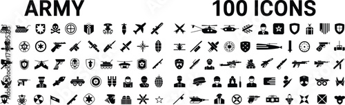 Army 100 Military Icons – Soldiers, Weapons, Vehicles, Medals, Shields, Tactical Gear, Combat Equipment, War Symbols, Defense Tools, Silhouette Collection