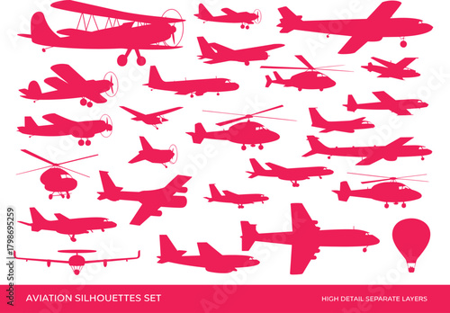 Aviation silhouettes set featuring diverse airplane and helicopter designs in bold graphic style, perfect for aeronautical illustrations, transport themes, infographics, and vector artwork.
