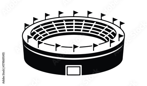 Circular stadium with flags and seating in black and white
