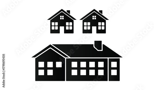 Two small houses above a larger house in silhouette