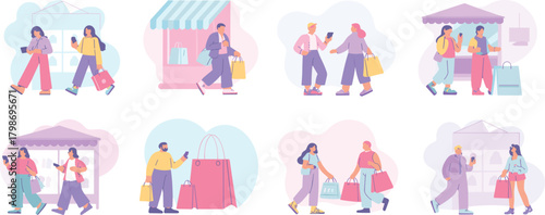 Colorful Vector Scenes of People Shopping in Urban Retail Environments with Bags, Storefronts, Mobile Phones, and Social Interaction Elements