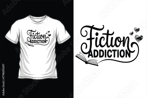 Fiction addiction text with book and hearts