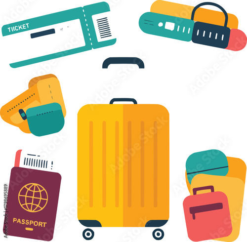 Air Travel Icon Set  Flight Tickets, Luggage, and Vacation SymbolsAir Travel Icon Set light Tickets, Luggage, and Vacation Symbols