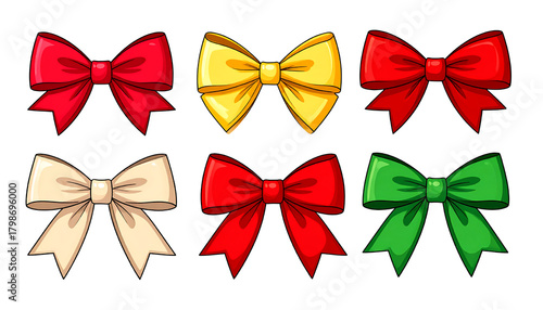 Six cartoon bows in red, yellow, beige, and green colors, arranged in two rows, on transparent background