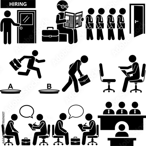 Job Interview Hiring Recruitment Process Stick Figure Pictogram Icons Set