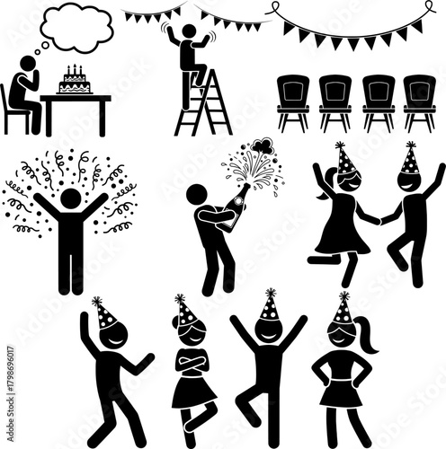 Happy Birthday Party Celebration Fun Dancing Stick Figure Pictogram Icons Set