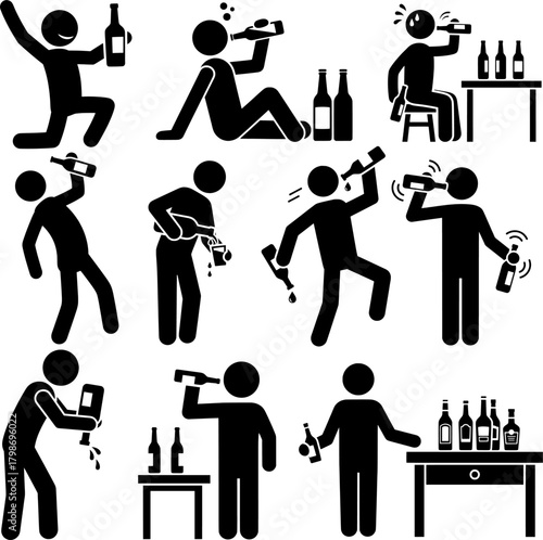 Alcohol Abuse and Addiction Stick Figure Icons
