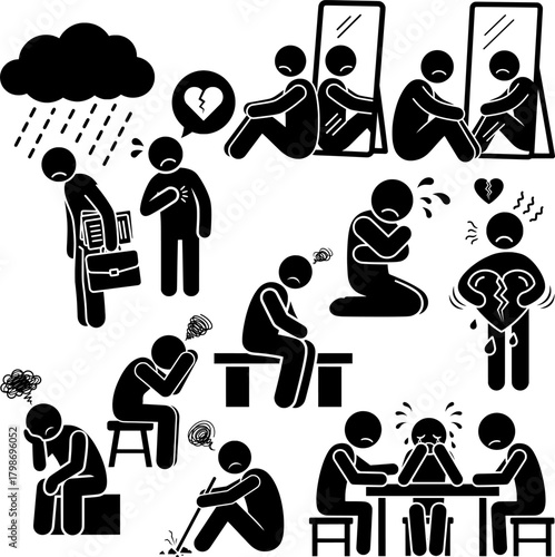 Sadness Depression Anxiety Stress Unhappy Emotion Stick Figure Pictogram Icons