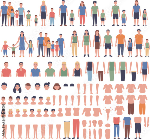 Family creator kit with diverse parents, children, and customizable character parts for designing people, avatars, and generational figures in flat vector illustration style.
