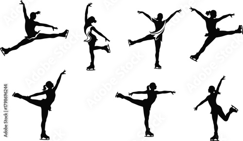 Figure skating silhouettes, ice dancer poses, graceful movement, winter sport icons, elegant choreography, athletic balance, dynamic spins, black skater shapes