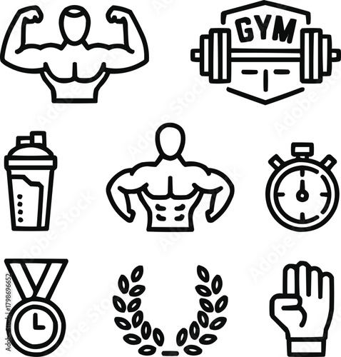 Bodybuilder Line Icon Collection  Gym Training, Flex Pose, and Athletic Strength SymbolsBodybuilder Line Icon Collection  Gym Training, Flex Pose, and Athletic Strength Symbols
