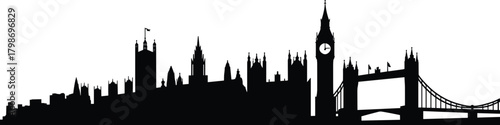 London skyline silhouette featuring Big Ben, Tower Bridge, and Palace of Westminster — iconic British architecture for travel, tourism, and cultural themes.