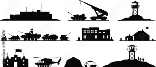 Military base silhouette set featuring vehicles, buildings, watchtowers, bunkers, helicopters, tents, and soldiers for defense, strategy, war zone, and combat scenes.