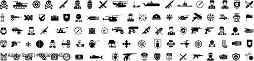 Military icon set featuring weapons, vehicles, soldiers, shields, tactical symbols, naval and air force elements, designed for defense graphics, combat illustrations, and security branding.