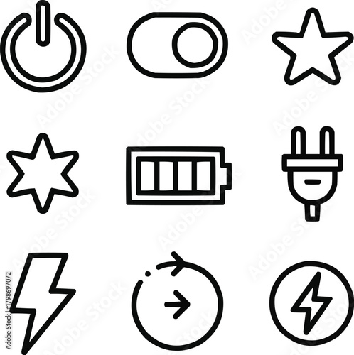 Power Control Outline Icons Set  On/Off Button, Energy Switch, and Start SymbolPower Control Outline Icons Set  On/Off Button, Energy Switch, and Start Symbol