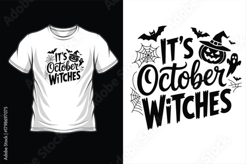 Its october witches halloween tshirt design with pumpkin and bats