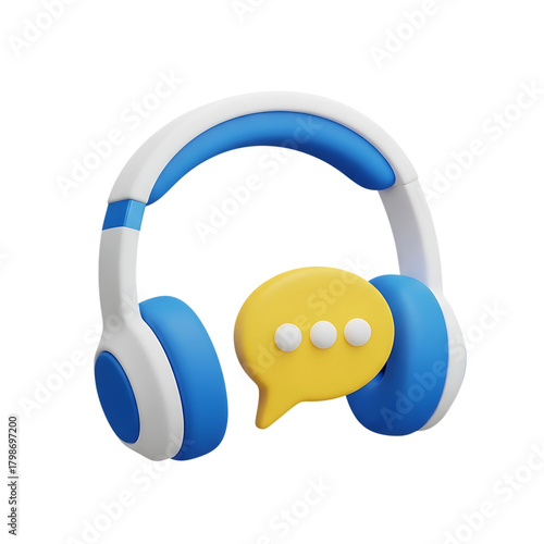 3d headphones with speech bubble isolated on transparent background