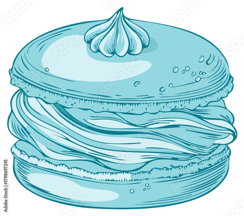 Hand drawn blue French macaron illustration with swirled cream filling and topping