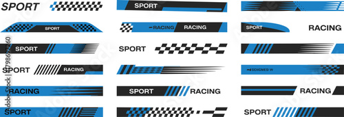Modern blue and black sport racing stripe decals featuring dynamic lines, checkered patterns, and sleek graphic elements designed for automotive wraps, vector styling, and high-speed themes