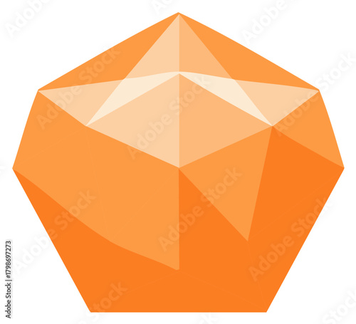 Geometric abstract orange gemstone with flat shading and sharp edges on a white background