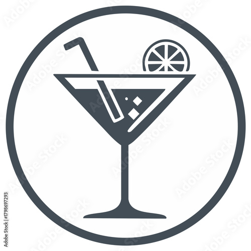 Simple flat icon of a cocktail in a martini glass with a straw and citrus slice garnish