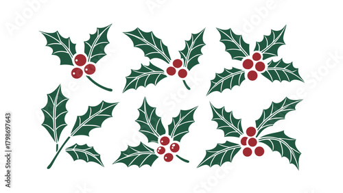 Green Holly Sprigs with Red Berries Christmas Decorations Keywords: green, holly, sprigs, red, berries, christmas, decorations, holiday, festive