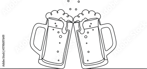 Clinking beer mugs with frothy foam, celebrating friendship, cheers, and good times in a simple minimalist illustration style.