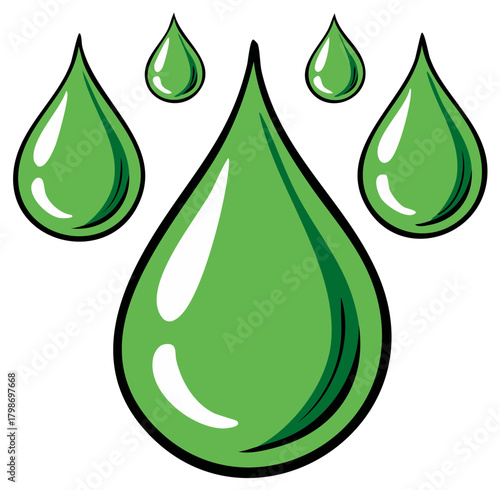 Cartoon green raindrops or oil drops with glossy highlights vector illustration