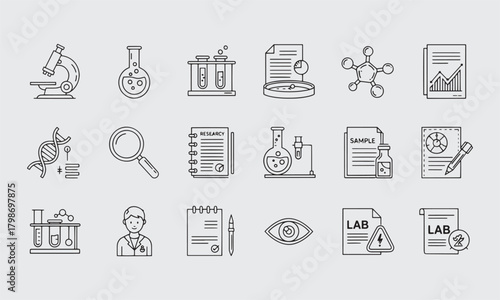 Laboratory & Science Icon Set, Editable Vector, Chemistry, Biology, and Physics Symbols