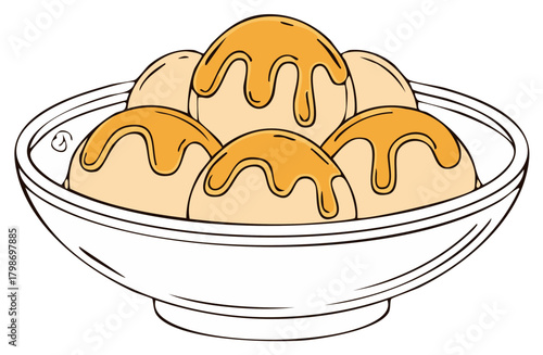 Bowl of Ice Cream Balls Drizzled with Caramel Sauce Cartoon Style, Dessert Treat Vector Illustration