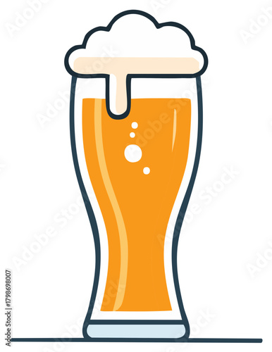 Frothy pilsner glass of cold golden ale with overflowing foam vector icon illustration