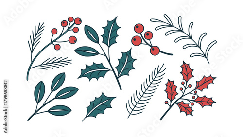 Hand Drawn Christmas Botanical Elements Festive Holiday Motifs vector (41
