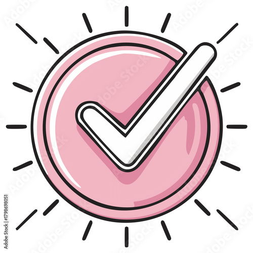 Pink circle with check mark icon depicting positive confirmation in a validated approval