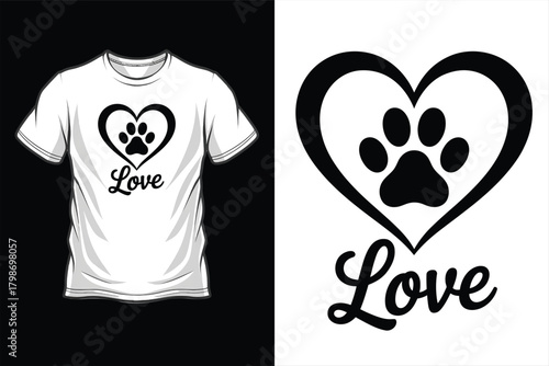 Black paw print inside a heart with the word love