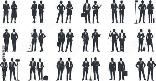 Silhouetted business professionals in various poses, presenting corporate teamwork, leadership, office communication, formal attire, career roles