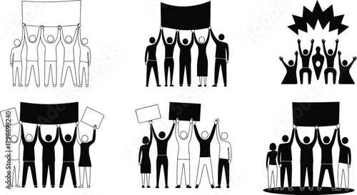 Silhouetted groups of people holding blank protest banners and signs, representing activism, unity, public demonstrations, social movements