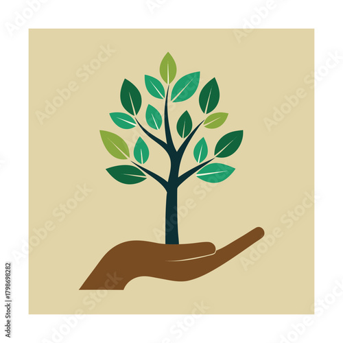 Hand holding a green tree with leaves on a beige background vector illustration