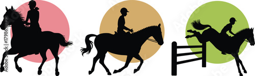 Silhouetted horse riders performing equestrian activities, including trotting, riding, and jumping obstacles, shown with colorful circular backgrounds for dynamic sport and training illustration.