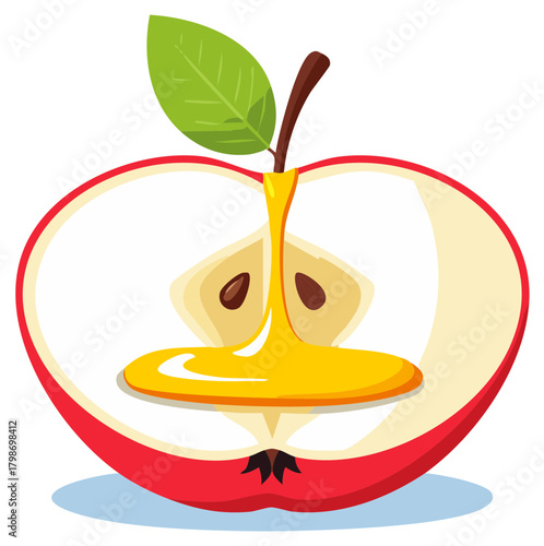 Abstract stylized illustration of a red apple slice with golden liquid flowing from stem into core