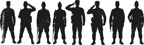 Silhouetted military soldiers standing in formation and saluting with rifles, showcasing discipline, honor, armed forces unity, and ceremonial defense personnel illustration.