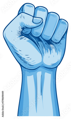 Illustration of a clenched blue fist raised in protest or solidarity