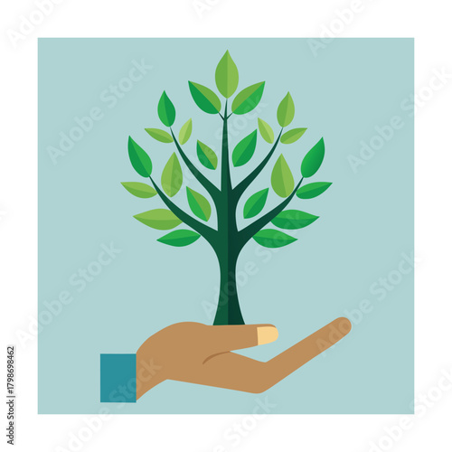 Hand holding a green tree with leaves on a light blue background vector illustration