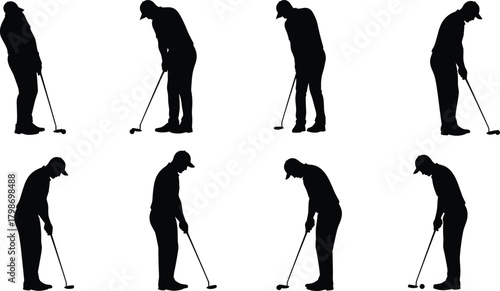 Golf putting silhouette sequence, golfer stroke breakdown, putting stance illustration, sports technique visual, dynamic posture study, golf form progression
