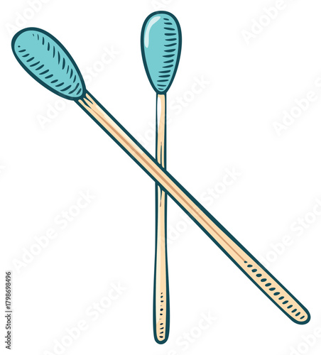 Cartoon illustration of two ear swabs with blue cotton tips and tan wooden handles in a crossed arrangement