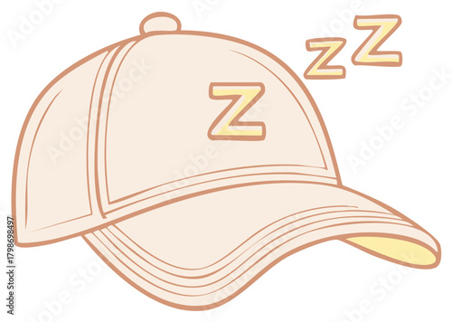 Baseball cap with Z and Zzz cartoon illustration: sleeping or resting concept in light beige
