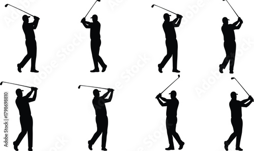 Golf swing silhouette sequence, athletic motion breakdown, professional golfer technique, sports training visual, dynamic pose illustration, golfing form study