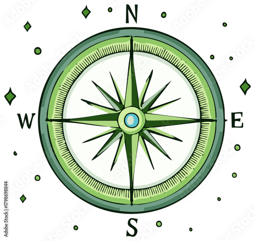Green compass rose with star points indicating directions north east south west