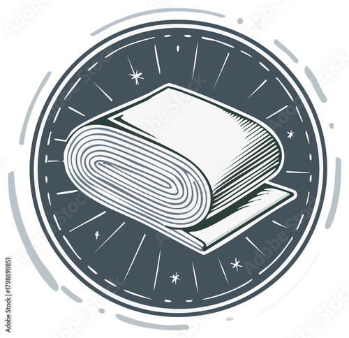 Textile fabric roll in a creative circular badge illustration for sewing and craft