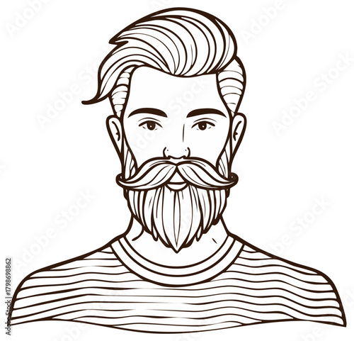 Stylized man portrait with mustache and beard detailed illustration line art