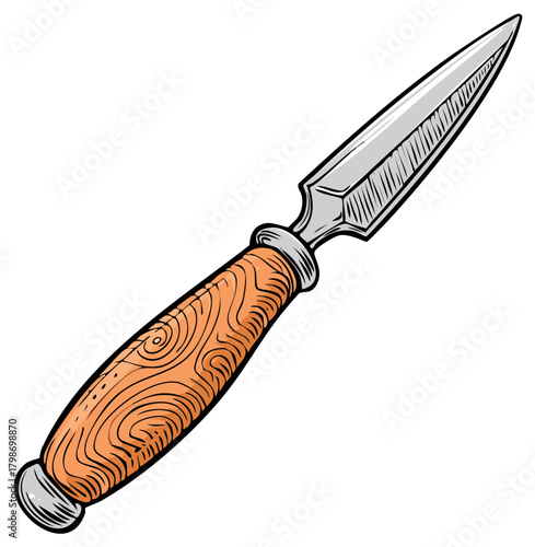 Hand drawn illustration of a wooden handled dagger or knife, isolated